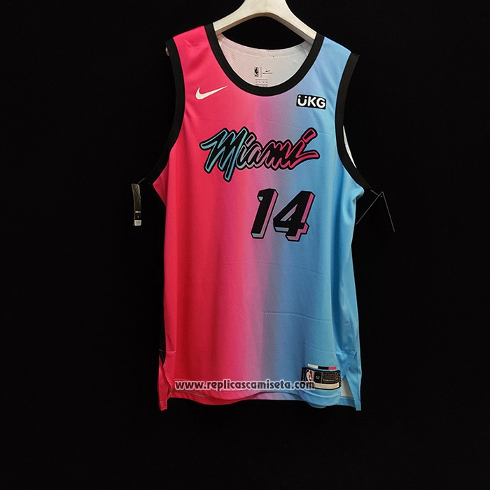 Camiseta Miami Heat Tyler Herro #14 Ciudad 2020-21 Autentico Azul Rosa